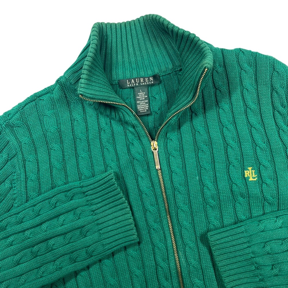 Lauren Ralph Lauren Full Zip Cable Knit Cardigan Womens L Green Mock Neck Preppy